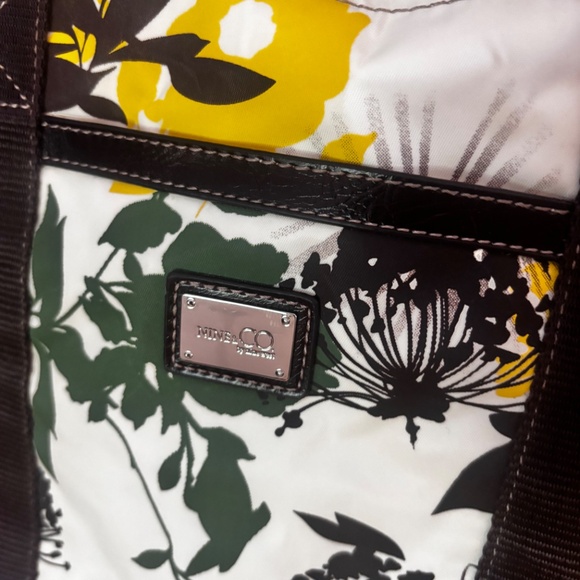 NINE CO Nylon Handbag White Florals Brown Straps Zip & Snap Closure - Picture 11 of 16